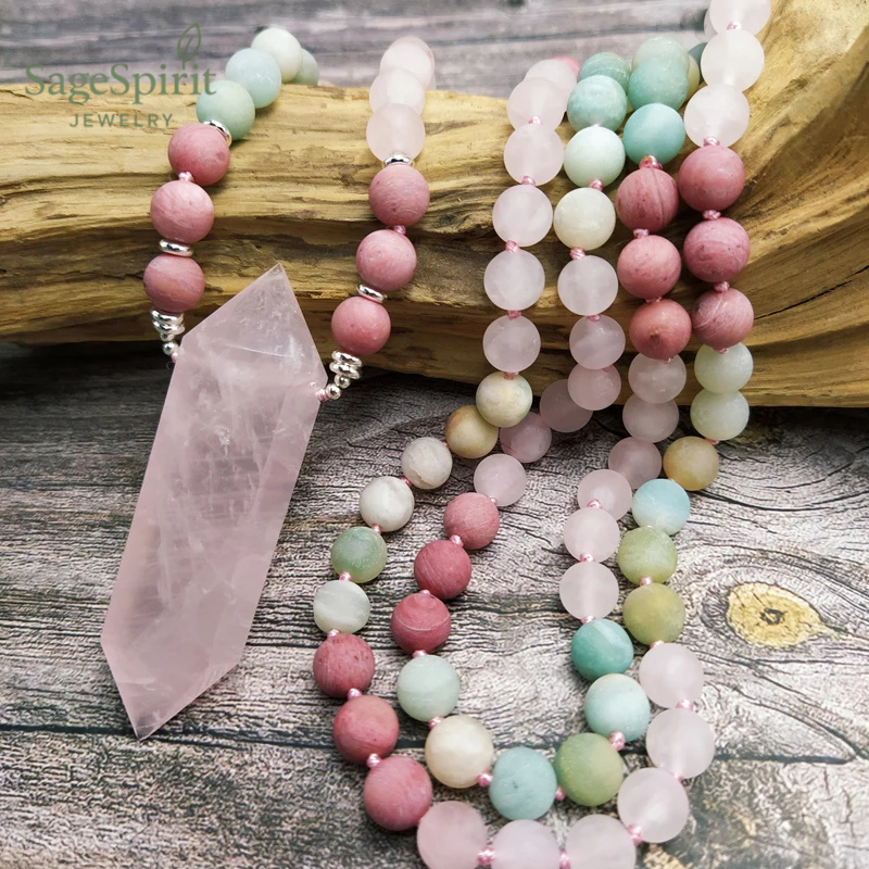 Amazonite & Rose Quartz Mala – 108 Bead Meditation Necklace – Sage