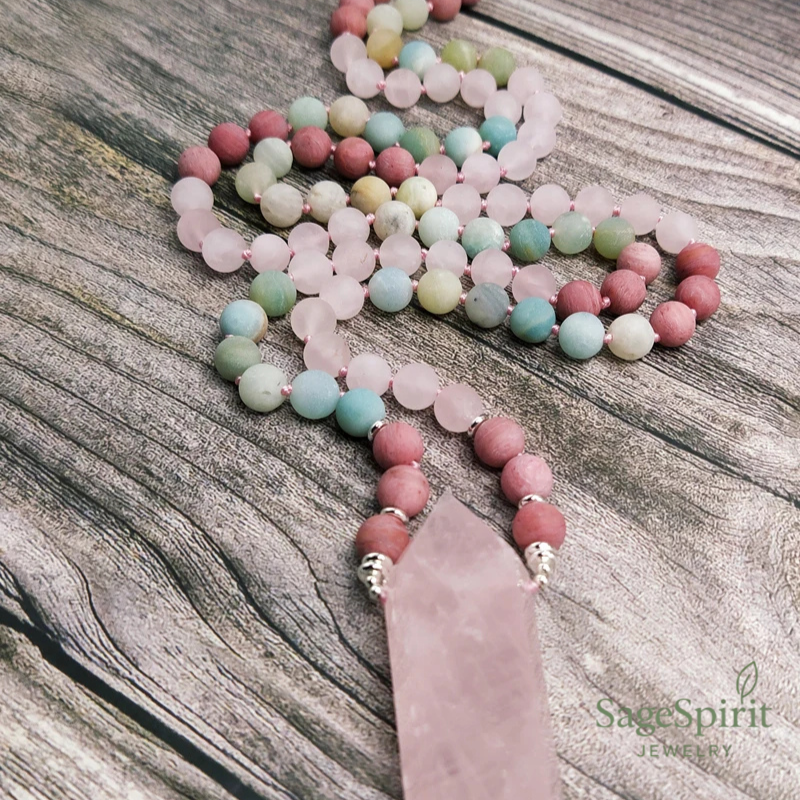 Amazonite & Rose Quartz Mala – 108 Bead Meditation Necklace