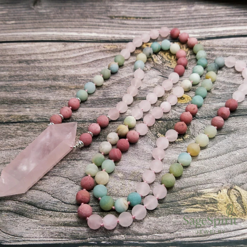 Amazonite & Rose Quartz Mala – 108 Bead Meditation Necklace