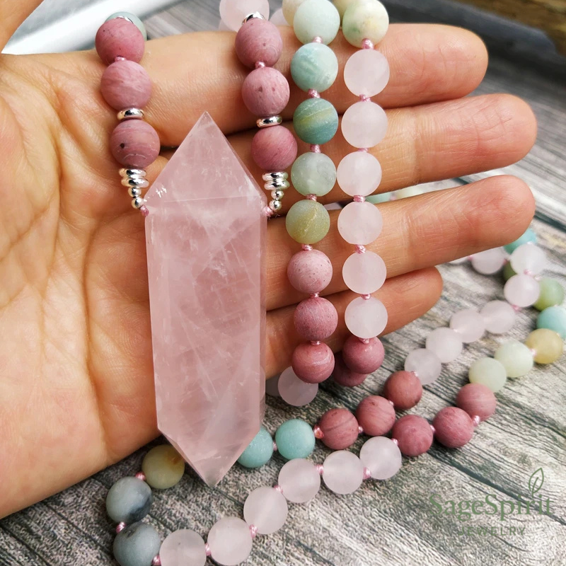 Amazonite & Rose Quartz Mala – 108 Bead Meditation Necklace