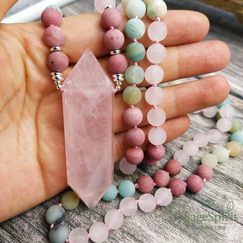Amazonite & Rose Quartz Mala – 108 Bead Meditation Necklace