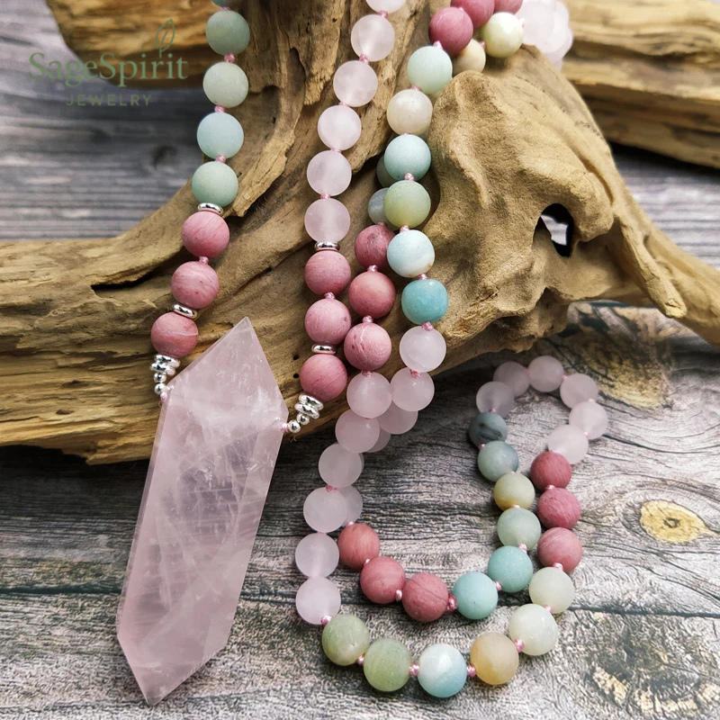 Amazonite & Rose Quartz Mala – 108 Bead Meditation Necklace