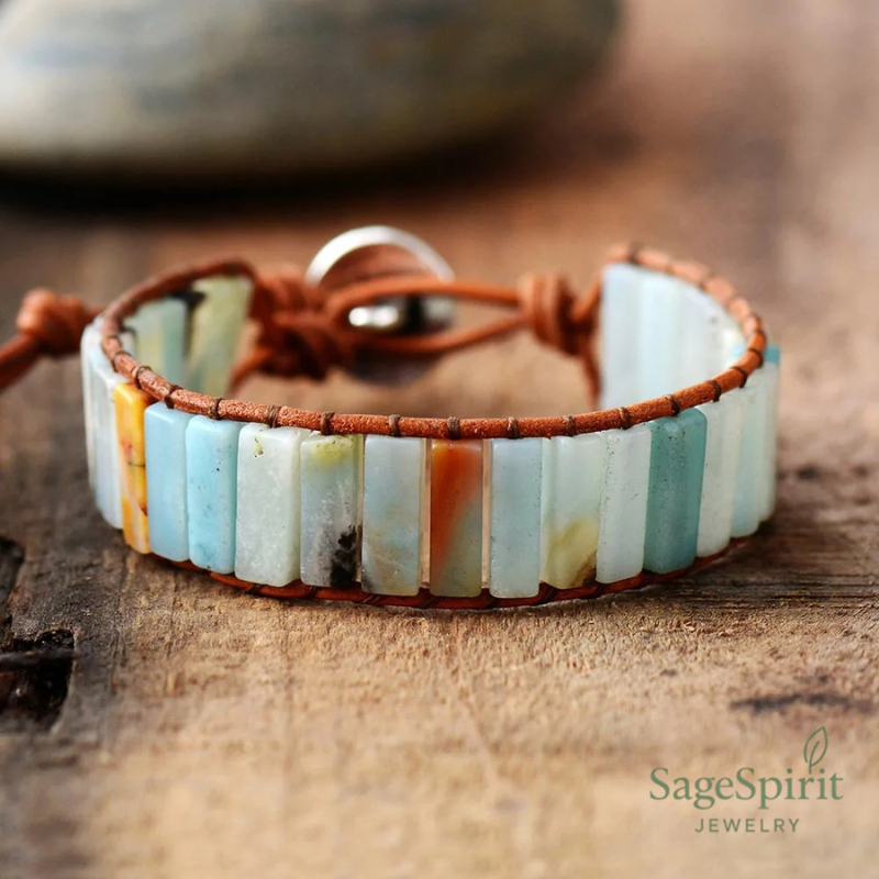 Amazonite Soul Stone Leather Wrap Bracelet