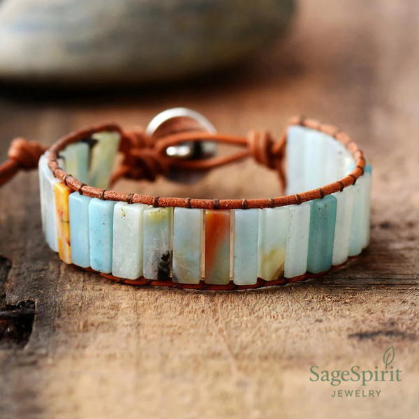 Amazonite Soul Stone Leather Wrap Bracelet