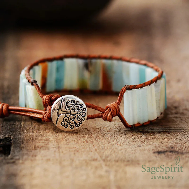 Amazonite Soul Stone Leather Wrap Bracelet