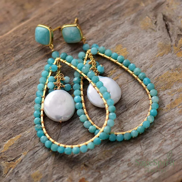 Amazonite Pearl Teardrop Earrings