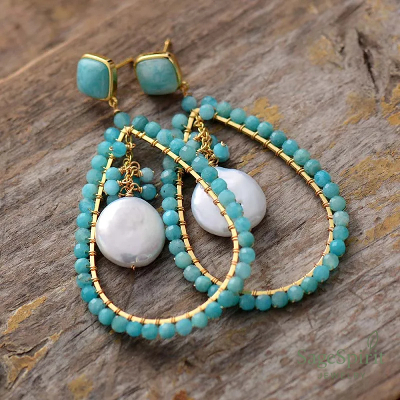 Amazonite Pearl Teardrop Earrings