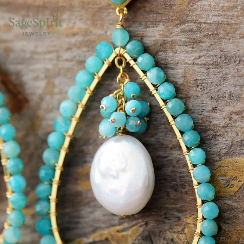 Amazonite Pearl Teardrop Earrings