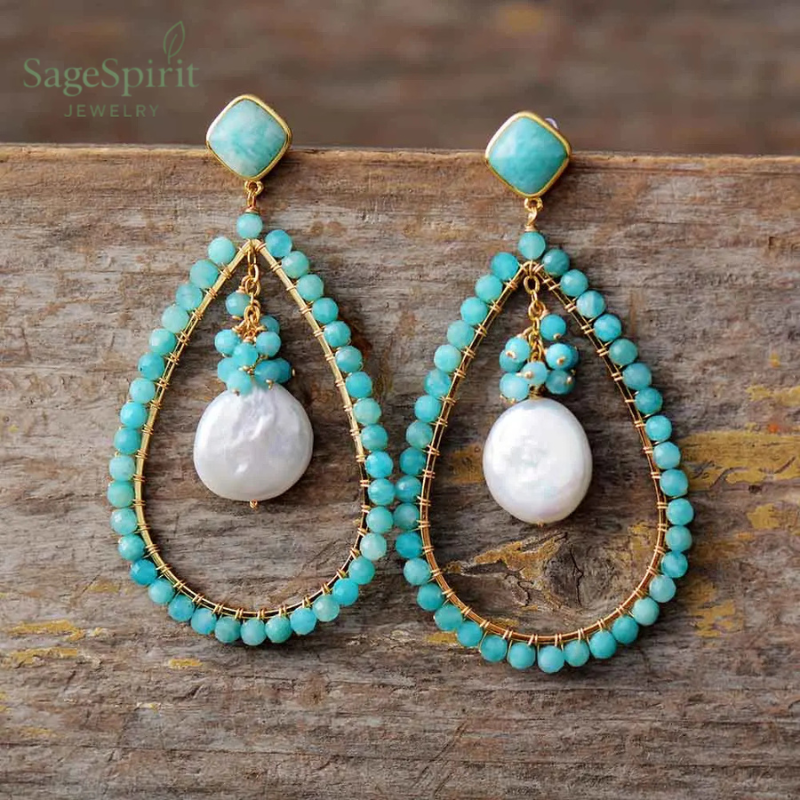 Amazonite Pearl Teardrop Earrings
