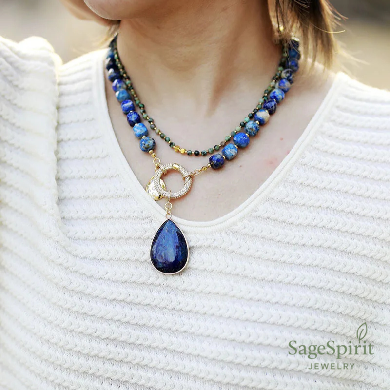 Celestial Lapis Lazuli Feather Pendant Necklace