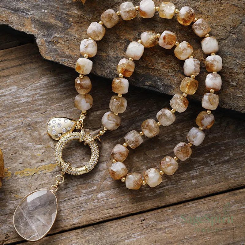 Golden Citrine Feather Pendant Necklace