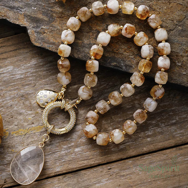 Golden Citrine Feather Pendant Necklace