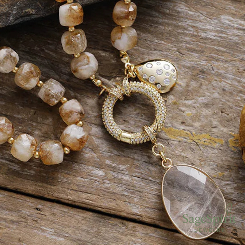 Golden Citrine Feather Pendant Necklace