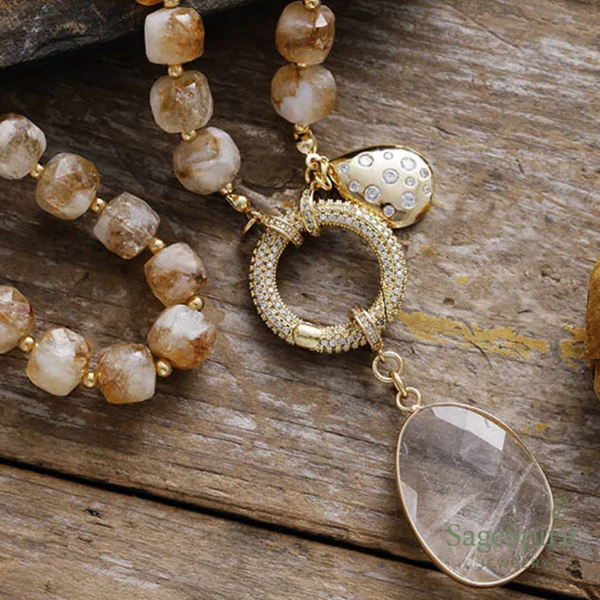 Golden Citrine Feather Pendant Necklace