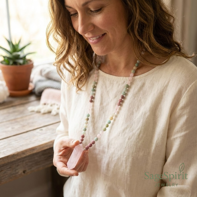 Amazonite & Rose Quartz Mala – 108 Bead Meditation Necklace
