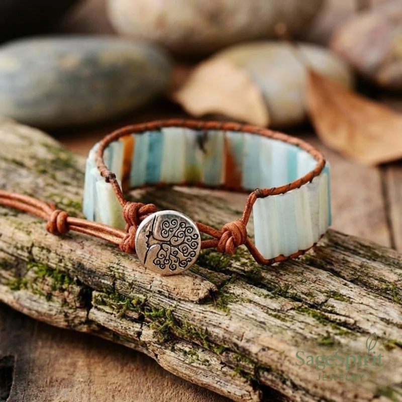 Amazonite Soul Stone Leather Wrap Bracelet