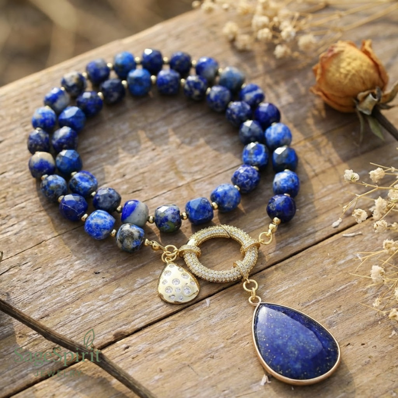 Celestial Lapis Lazuli Feather Pendant Necklace