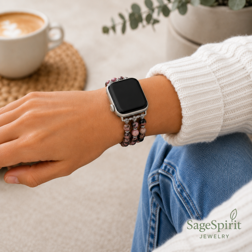 Bohemian Black Rhodonite Smartwatch Strap